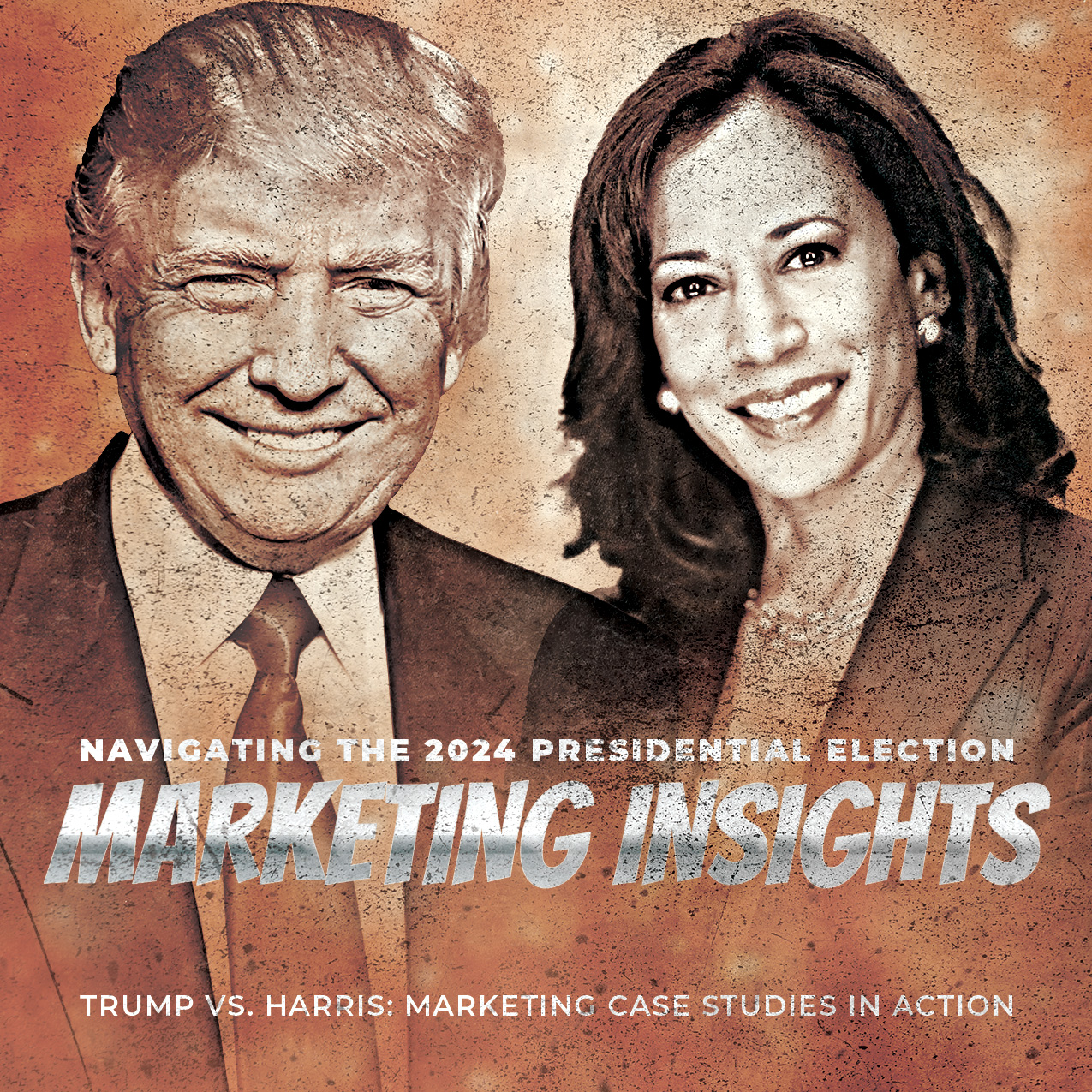 2024 election blog cover art with portraits of Donald Trump and Kamala Harris, emphasizing marketing insights.