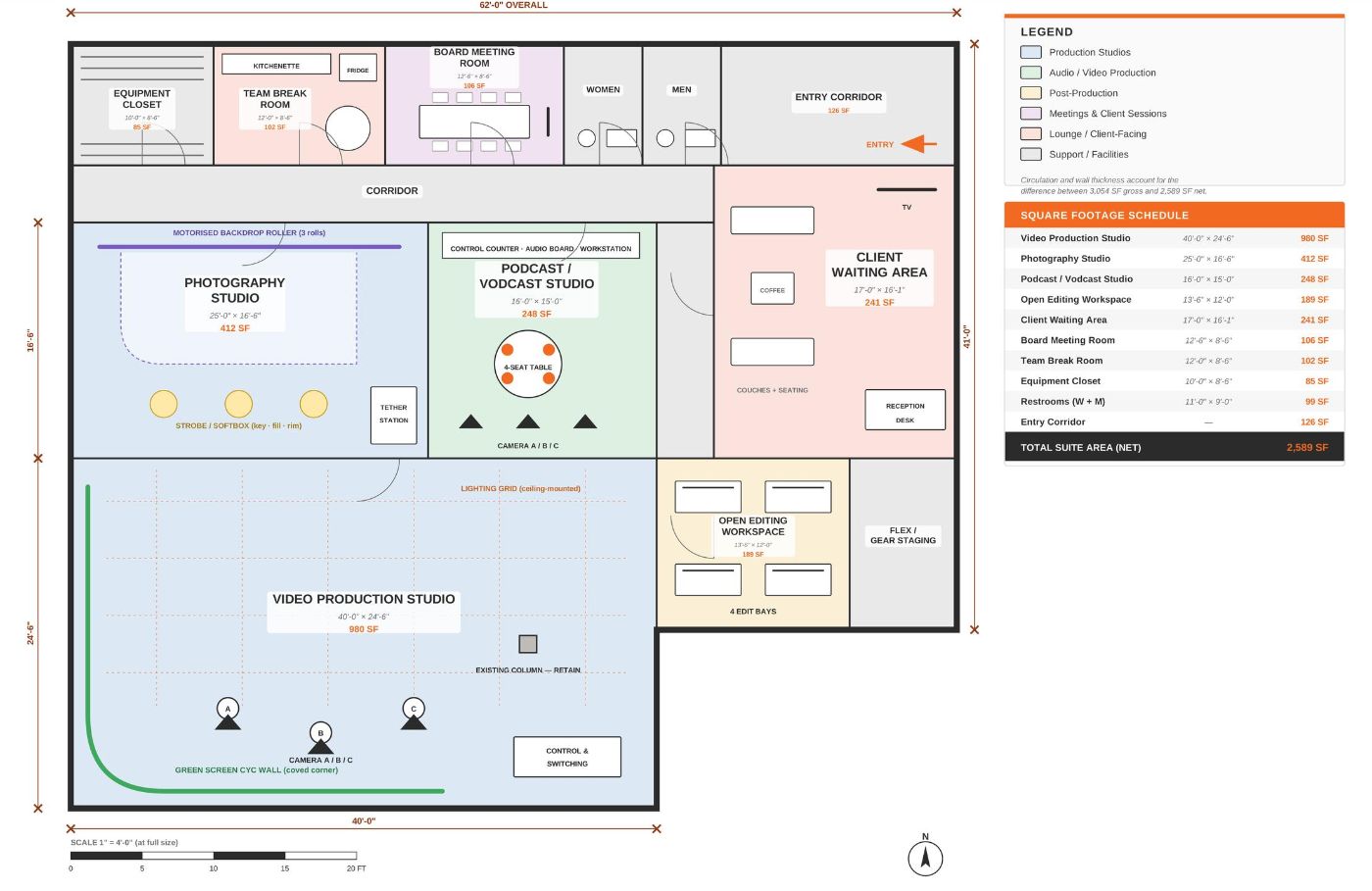 Concept floor plan of Rugglion Studios in downtown Elmira, NY, showing the video, photo and podcast studios, editing workspace and client waiting area